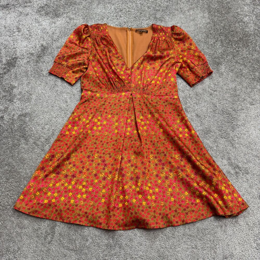 Honey Punch A-Line Mini Dress Womens Large Rust Brown Floral Puff Short Sleeve